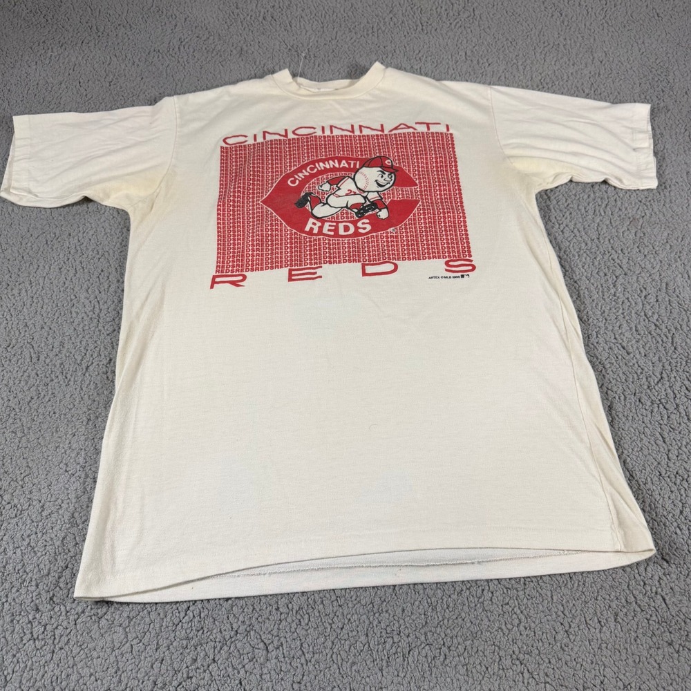 Vintage 1988 Cincinnati Reds Artex MLB T-Shirt Mens XL Cream Mr Redlegs 80s Tee